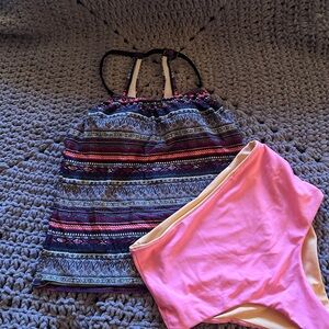 Colorful Patterned Tankini Top and Pink Bottoms